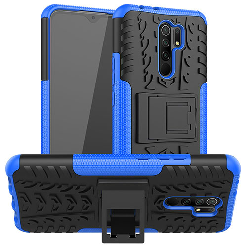 Silicone Matte Finish and Plastic Back Cover Case with Stand JX1 for Xiaomi Redmi 9 Prime India Blue