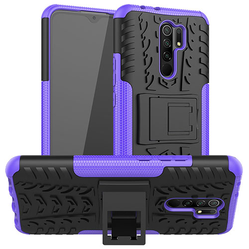 Silicone Matte Finish and Plastic Back Cover Case with Stand JX1 for Xiaomi Redmi 9 Purple