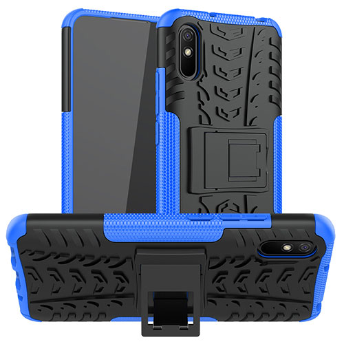 Silicone Matte Finish and Plastic Back Cover Case with Stand JX1 for Xiaomi Redmi 9AT Blue