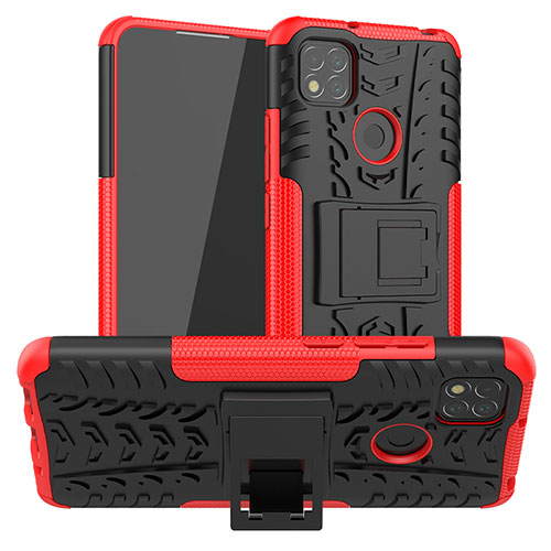 Silicone Matte Finish and Plastic Back Cover Case with Stand JX1 for Xiaomi Redmi 9C Red