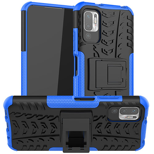 Silicone Matte Finish and Plastic Back Cover Case with Stand JX1 for Xiaomi Redmi Note 10 5G Blue