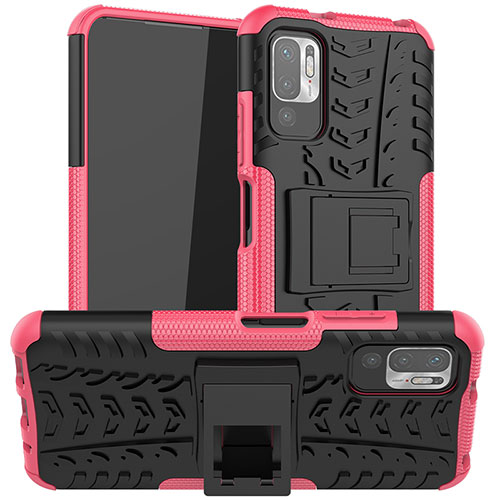 Silicone Matte Finish and Plastic Back Cover Case with Stand JX1 for Xiaomi Redmi Note 10 5G Hot Pink