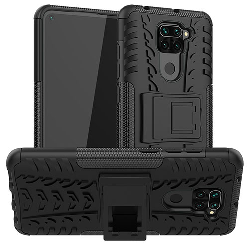 Silicone Matte Finish and Plastic Back Cover Case with Stand JX1 for Xiaomi Redmi Note 9 Black