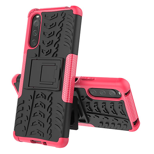 Silicone Matte Finish and Plastic Back Cover Case with Stand JX2 for Sony Xperia 10 IV Hot Pink