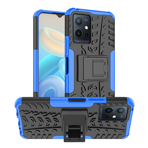 Silicone Matte Finish and Plastic Back Cover Case with Stand JX2 for Vivo T1 5G India Blue