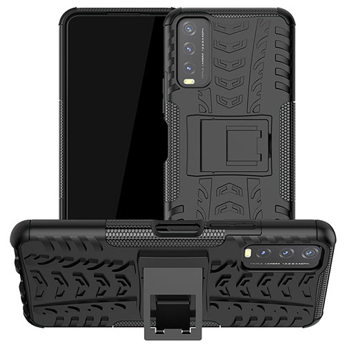 Silicone Matte Finish and Plastic Back Cover Case with Stand JX2 for Vivo Y11s Black