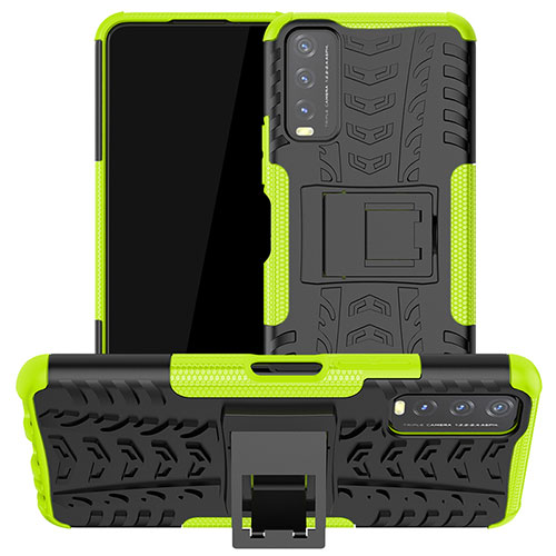 Silicone Matte Finish and Plastic Back Cover Case with Stand JX2 for Vivo Y30 Green