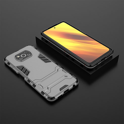 Silicone Matte Finish and Plastic Back Cover Case with Stand KC1 for Xiaomi Poco X3 Pro Gray
