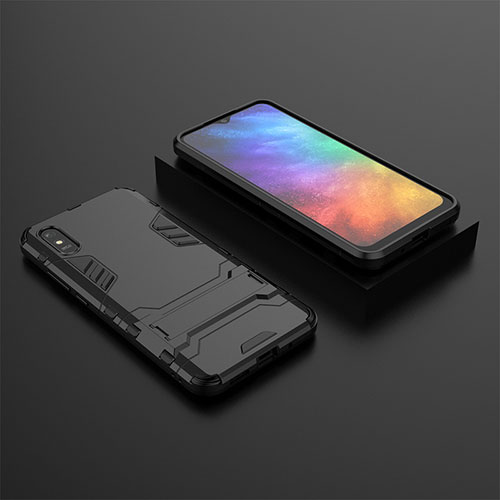 Silicone Matte Finish and Plastic Back Cover Case with Stand KC1 for Xiaomi Redmi 9AT Black