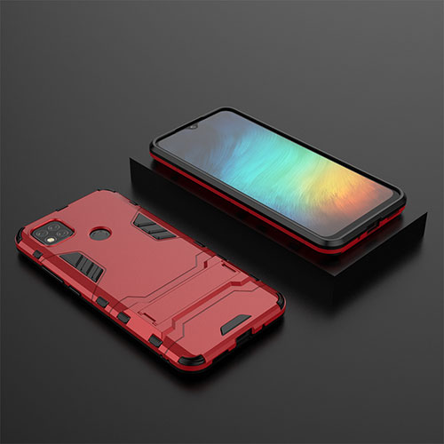 Silicone Matte Finish and Plastic Back Cover Case with Stand KC1 for Xiaomi Redmi 9C Red