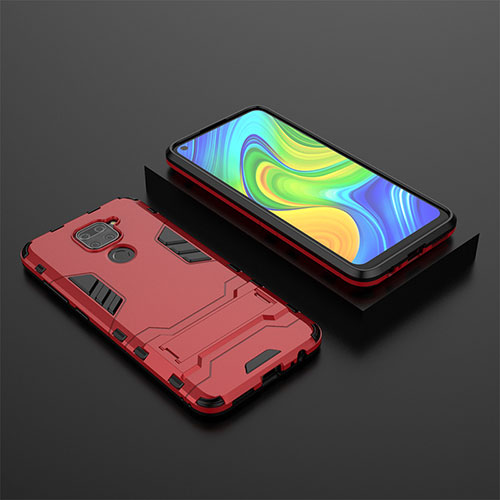 Silicone Matte Finish and Plastic Back Cover Case with Stand KC1 for Xiaomi Redmi Note 9 Red