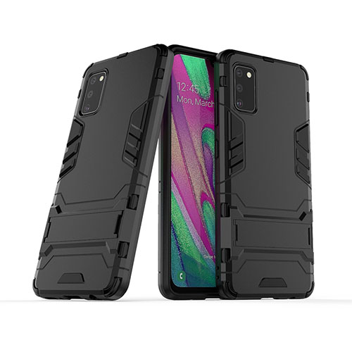 Silicone Matte Finish and Plastic Back Cover Case with Stand KC2 for Samsung Galaxy A41 Black