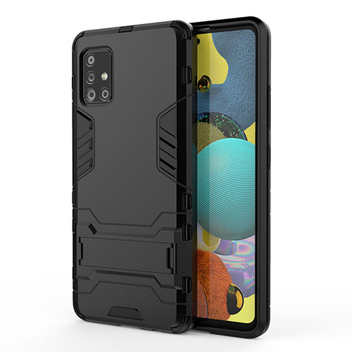 Silicone Matte Finish and Plastic Back Cover Case with Stand KC2 for Samsung Galaxy A51 5G Black