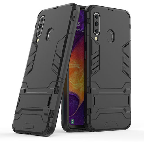 Silicone Matte Finish and Plastic Back Cover Case with Stand KC2 for Samsung Galaxy A60 Black