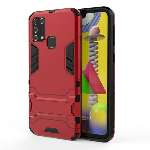 Silicone Matte Finish and Plastic Back Cover Case with Stand KC2 for Samsung Galaxy M21s Red