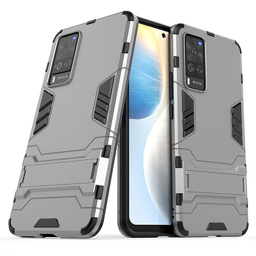 Silicone Matte Finish and Plastic Back Cover Case with Stand KC2 for Vivo X60 Pro 5G Gray