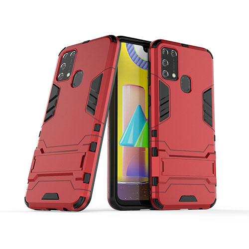 Silicone Matte Finish and Plastic Back Cover Case with Stand KC3 for Samsung Galaxy M21s Red