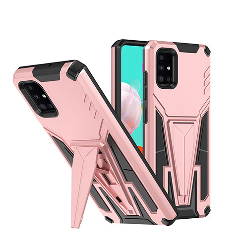 Silicone Matte Finish and Plastic Back Cover Case with Stand MQ1 for Samsung Galaxy A51 4G Rose Gold