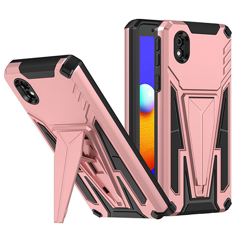 Silicone Matte Finish and Plastic Back Cover Case with Stand MQ1 for Samsung Galaxy M01 Core Rose Gold