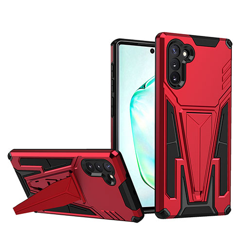 Silicone Matte Finish and Plastic Back Cover Case with Stand MQ1 for Samsung Galaxy Note 10 5G Red