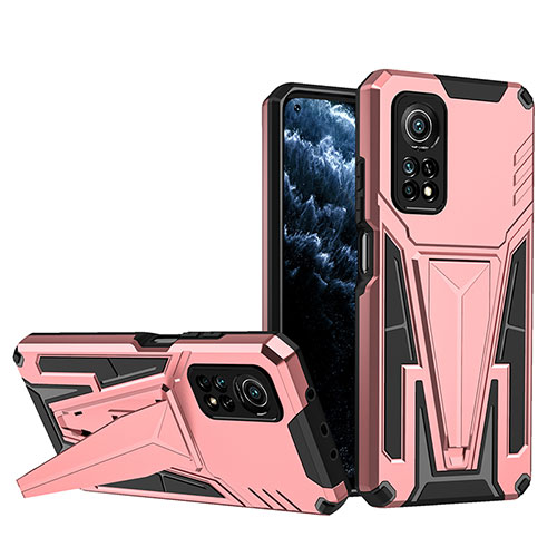 Silicone Matte Finish and Plastic Back Cover Case with Stand MQ1 for Xiaomi Mi 10T Pro 5G Rose Gold