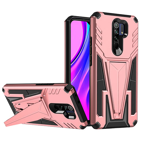 Silicone Matte Finish and Plastic Back Cover Case with Stand MQ1 for Xiaomi Redmi 9 Rose Gold