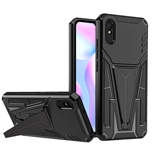 Silicone Matte Finish and Plastic Back Cover Case with Stand MQ1 for Xiaomi Redmi 9AT Black