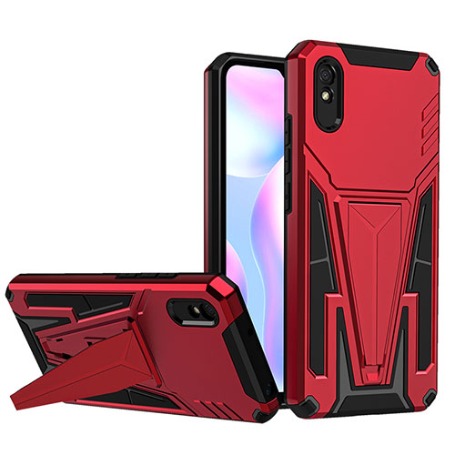 Silicone Matte Finish and Plastic Back Cover Case with Stand MQ1 for Xiaomi Redmi 9AT Red