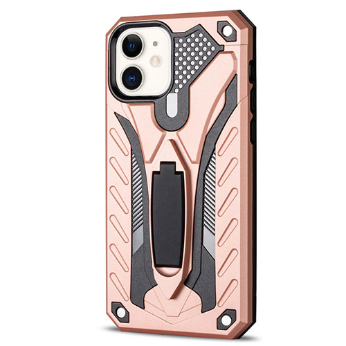 Silicone Matte Finish and Plastic Back Cover Case with Stand R01 for Apple iPhone 12 Rose Gold