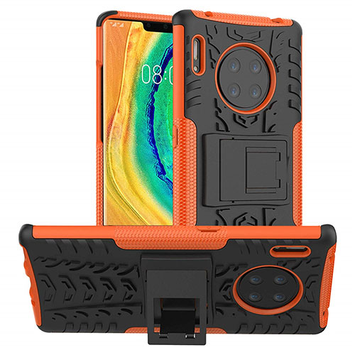 Silicone Matte Finish and Plastic Back Cover Case with Stand R01 for Huawei Mate 30 5G Orange