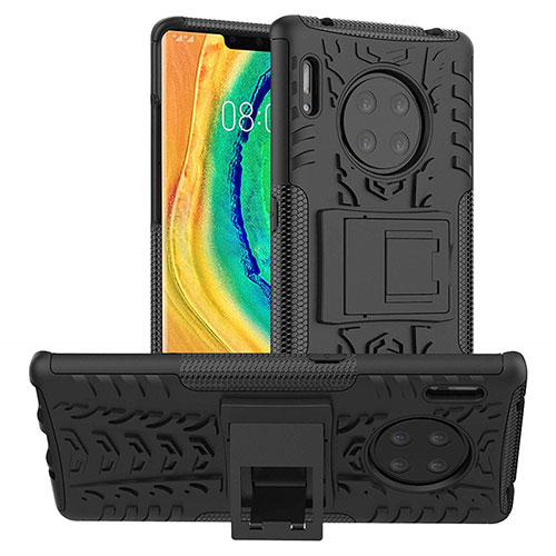 Silicone Matte Finish and Plastic Back Cover Case with Stand R01 for Huawei Mate 30 Pro Black