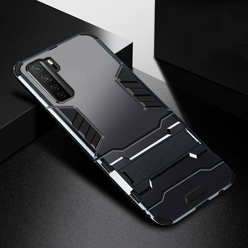 Silicone Matte Finish and Plastic Back Cover Case with Stand R01 for Huawei Nova 7 SE 5G Black
