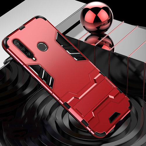 Silicone Matte Finish and Plastic Back Cover Case with Stand R01 for Huawei P30 Lite Red