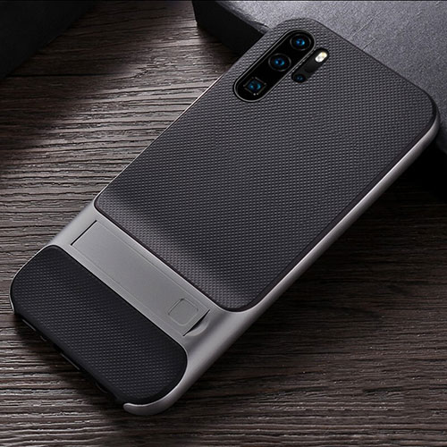 Silicone Matte Finish and Plastic Back Cover Case with Stand R01 for Huawei P30 Pro Silver