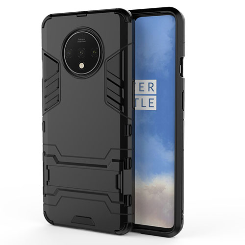 Silicone Matte Finish and Plastic Back Cover Case with Stand R01 for OnePlus 7T Black