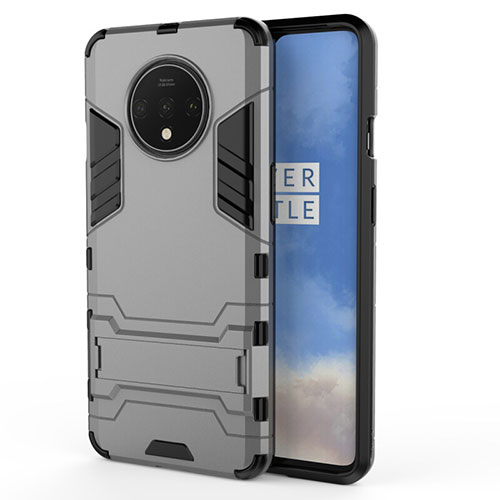 Silicone Matte Finish and Plastic Back Cover Case with Stand R01 for OnePlus 7T Gray