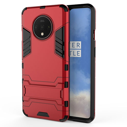 Silicone Matte Finish and Plastic Back Cover Case with Stand R01 for OnePlus 7T Red