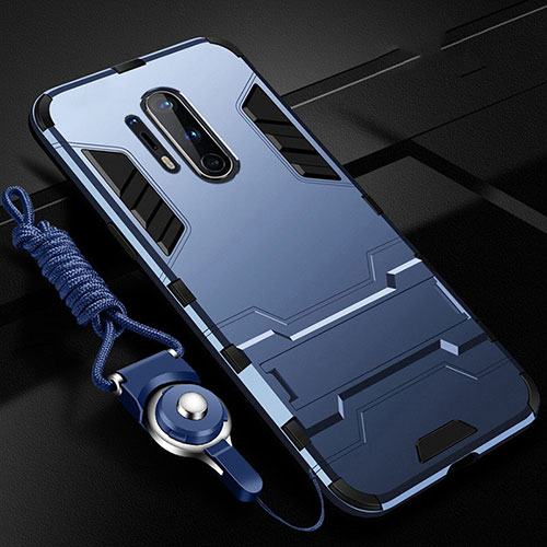 Silicone Matte Finish and Plastic Back Cover Case with Stand R01 for OnePlus 8 Pro Blue