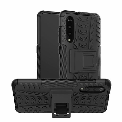 Silicone Matte Finish and Plastic Back Cover Case with Stand R01 for Samsung Galaxy A70S Black