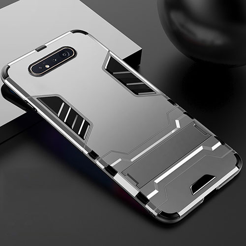 Silicone Matte Finish and Plastic Back Cover Case with Stand R01 for Samsung Galaxy A80 Silver