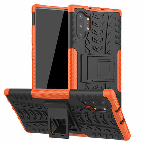 Silicone Matte Finish and Plastic Back Cover Case with Stand R01 for Samsung Galaxy Note 10 Plus 5G Orange