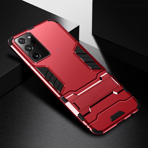 Silicone Matte Finish and Plastic Back Cover Case with Stand R01 for Samsung Galaxy Note 20 Ultra 5G Red