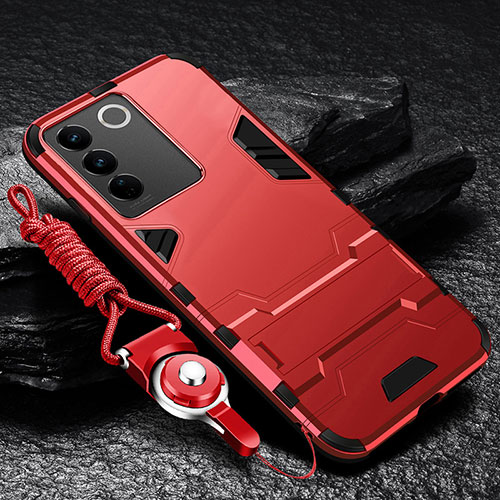 Silicone Matte Finish and Plastic Back Cover Case with Stand R01 for Vivo V27 5G Red