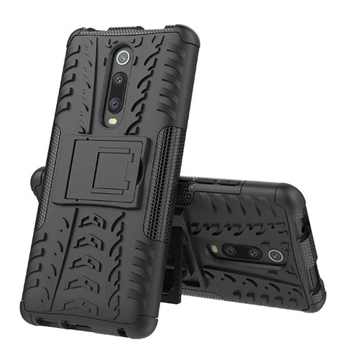 Silicone Matte Finish and Plastic Back Cover Case with Stand R01 for Xiaomi Mi 9T Black