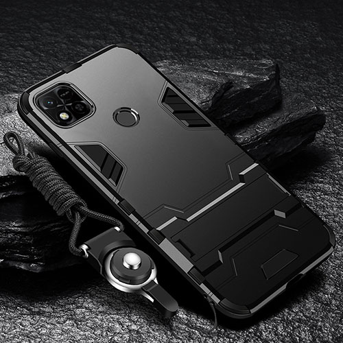 Silicone Matte Finish and Plastic Back Cover Case with Stand R01 for Xiaomi Redmi 9 India Black