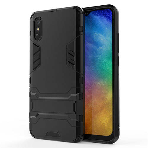 Silicone Matte Finish and Plastic Back Cover Case with Stand R01 for Xiaomi Redmi 9A Black