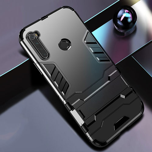 Silicone Matte Finish and Plastic Back Cover Case with Stand R01 for Xiaomi Redmi Note 8 Black