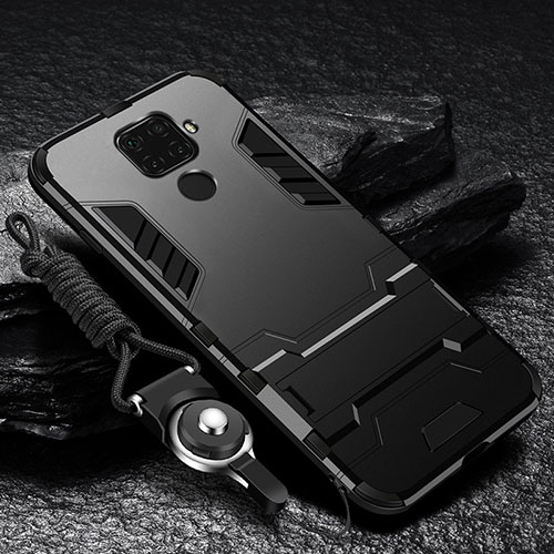 Silicone Matte Finish and Plastic Back Cover Case with Stand R01 for Xiaomi Redmi Note 9 Black