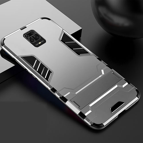 Silicone Matte Finish and Plastic Back Cover Case with Stand R01 for Xiaomi Redmi Note 9 Pro Silver