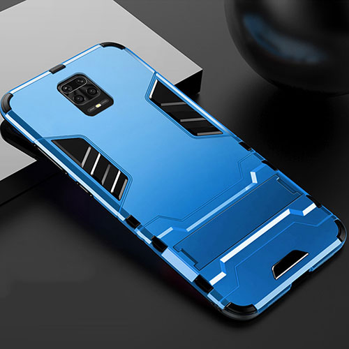 Silicone Matte Finish and Plastic Back Cover Case with Stand R01 for Xiaomi Redmi Note 9 Pro Sky Blue